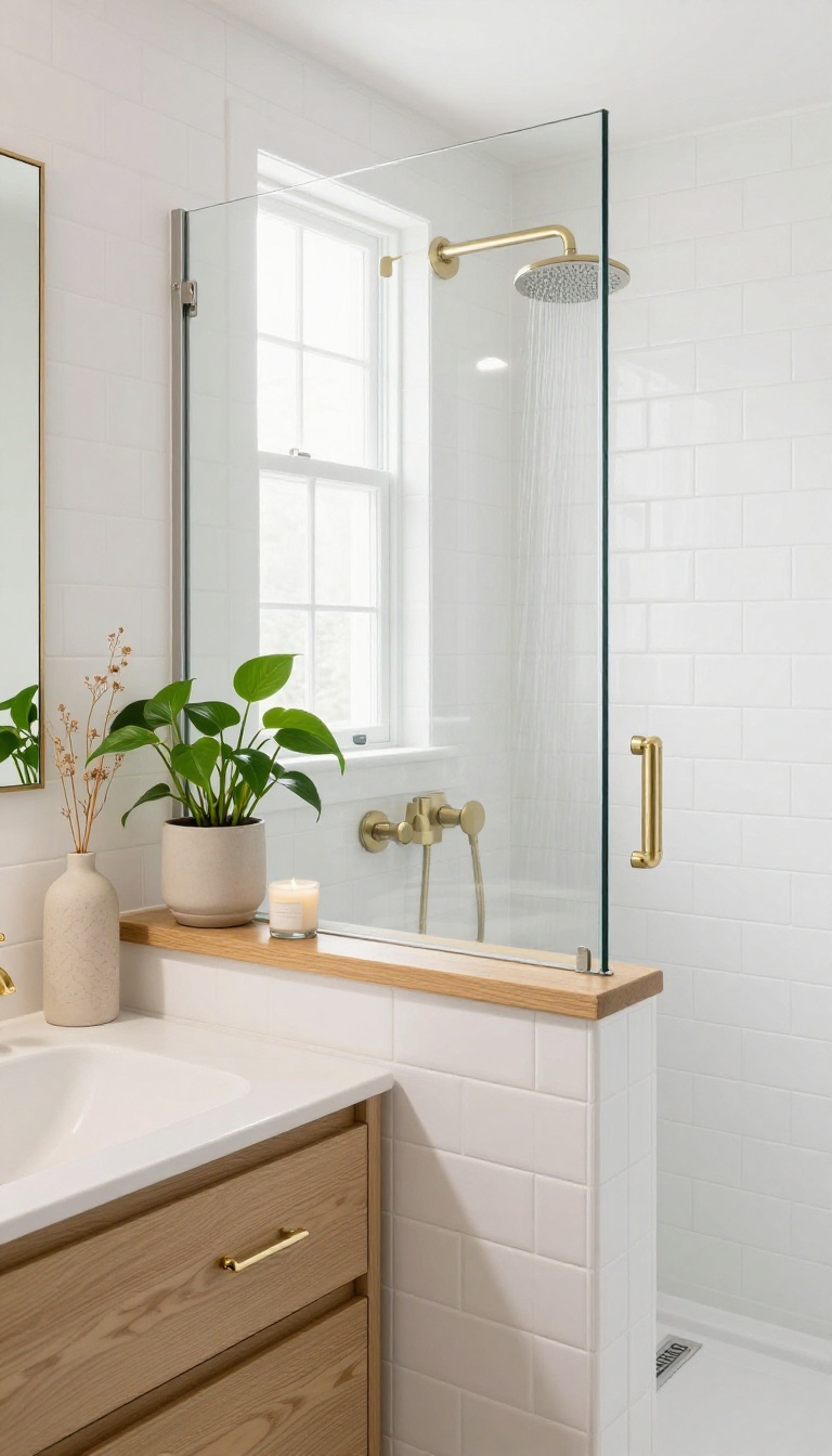 Bathroom pony wall with a plant shelf and decor ledge featuring a pothos plant, ceramic vase, and candle