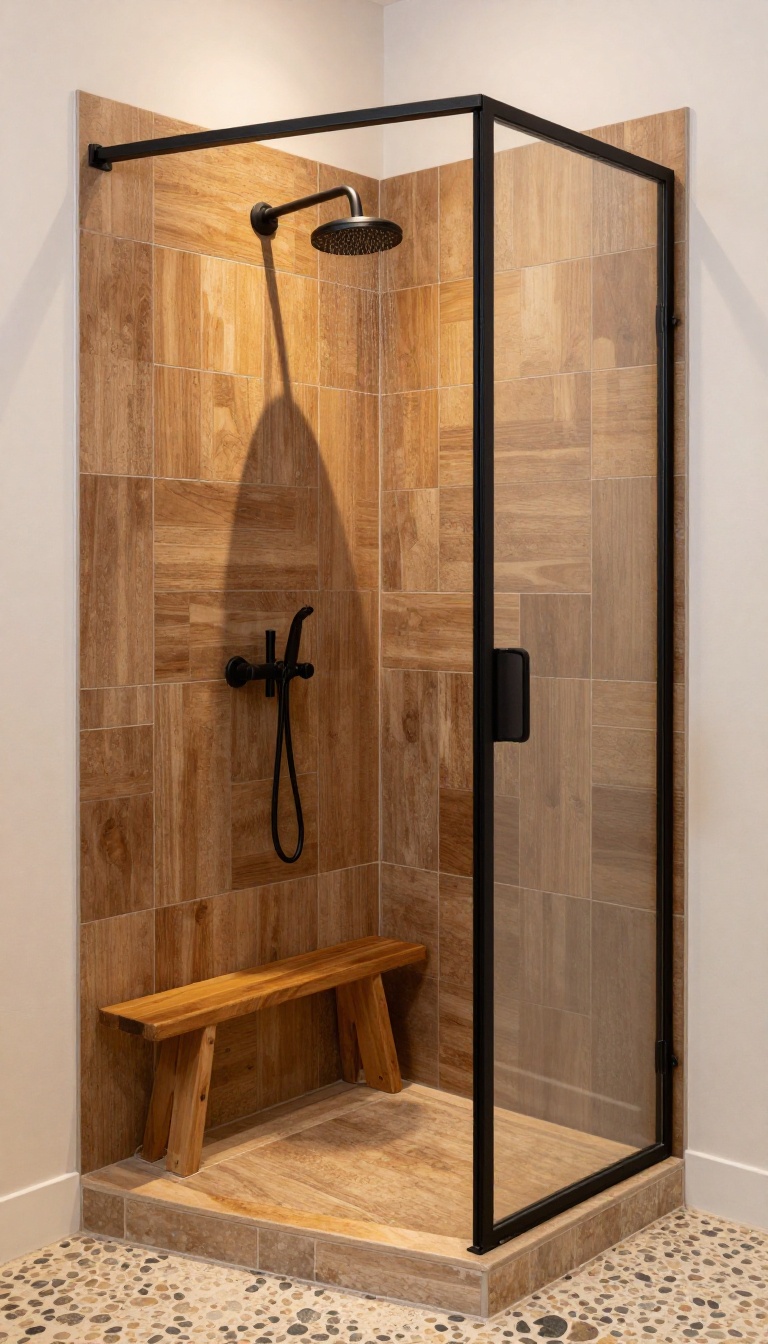 Rustic corner shower with wood-look tiles, pebble floor, teak bench, and rainfall showerhead in a small bathroom