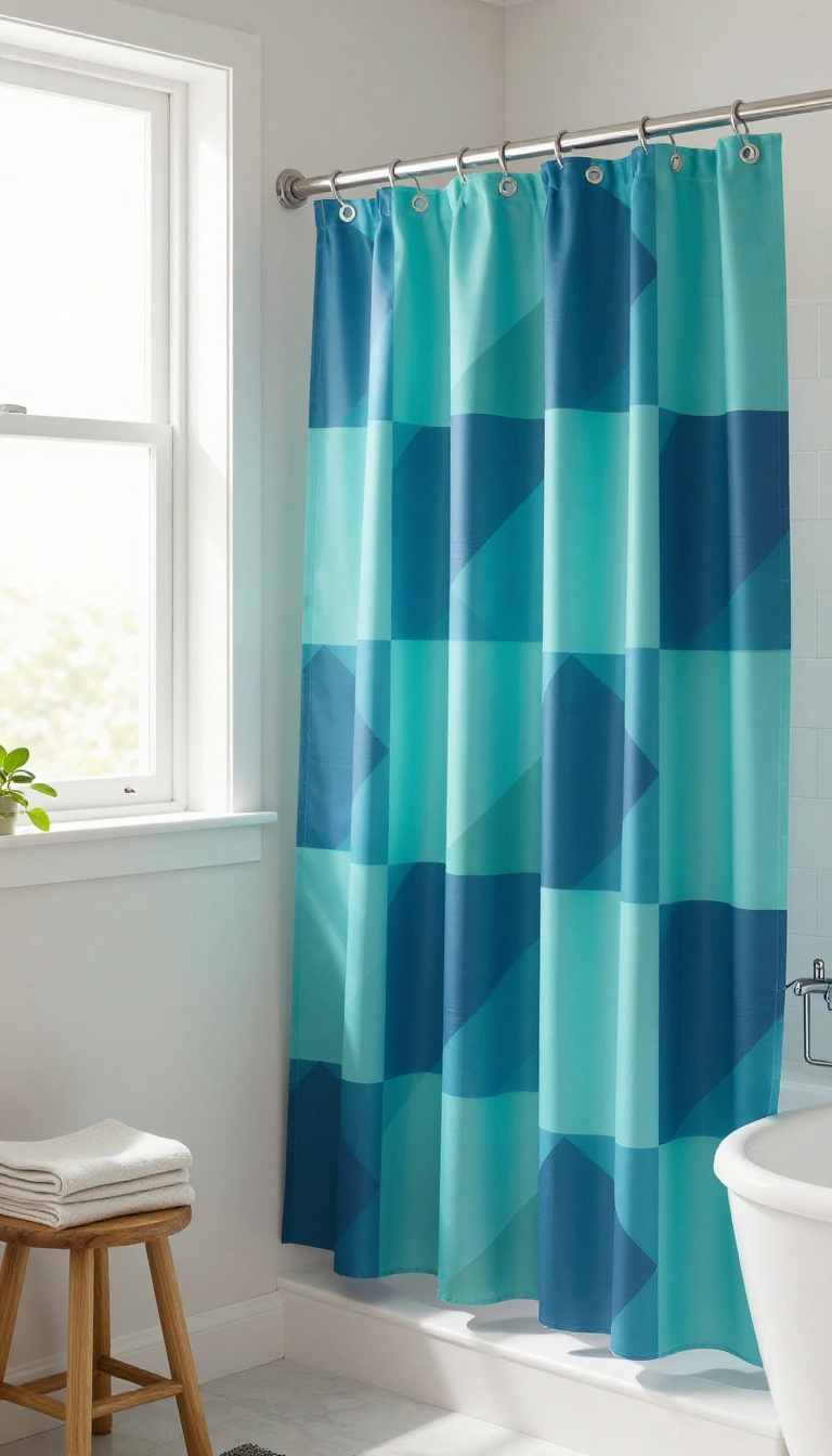 Bathroom with bold patterned shower curtain hiding water spots, bright natural light, modern decor