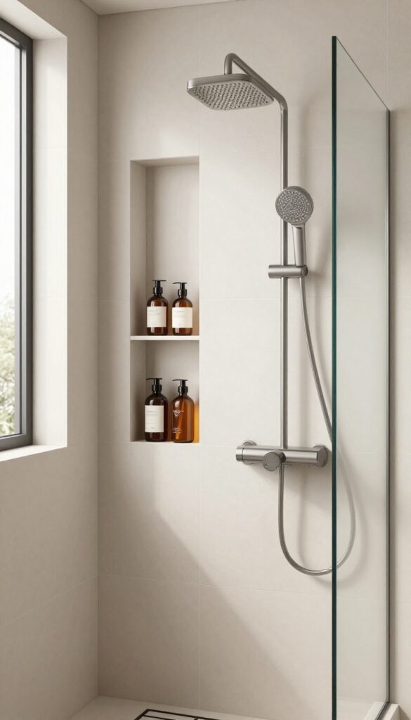 Recessed niche on the angled wall of a neo angle shower, lined with matching tiles and holding amber glass bottles, with bright natural light and a clean, modern design.