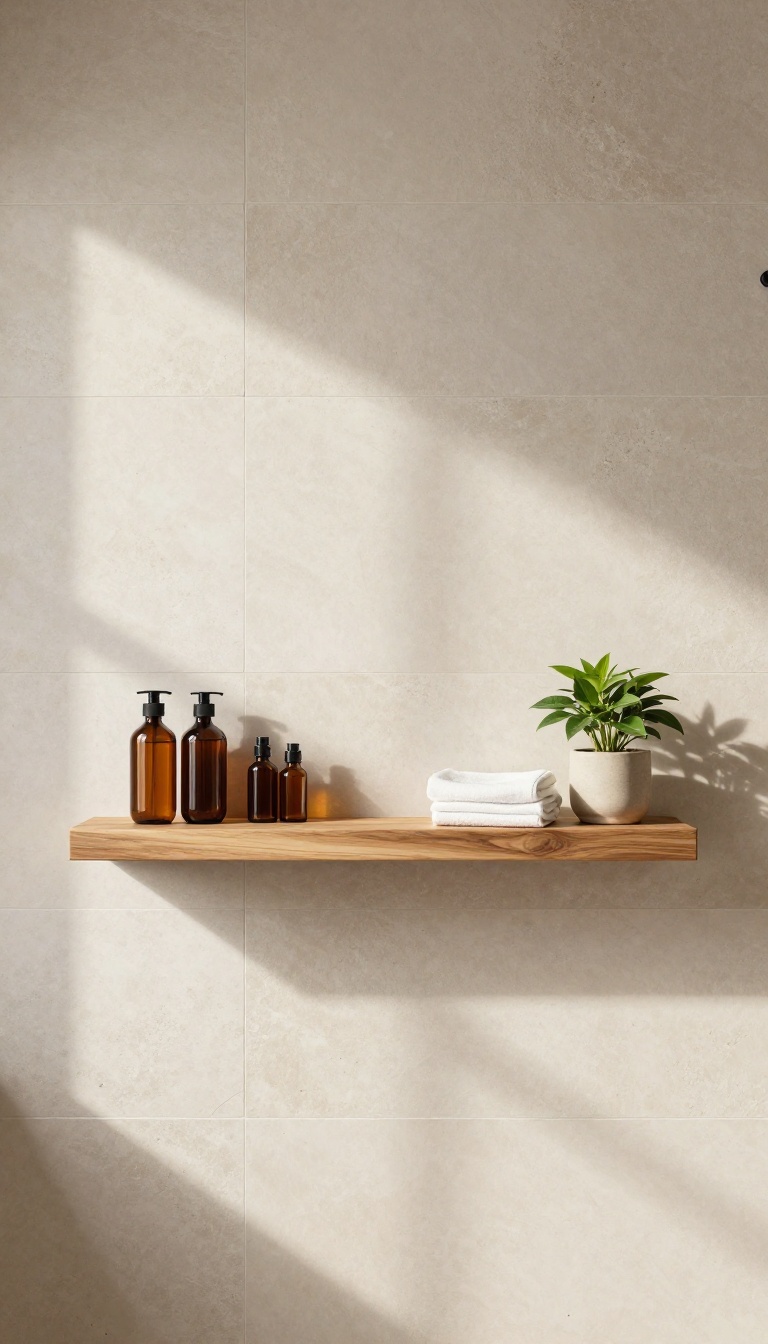 Floating teak shelf in a modern shower with neatly arranged toiletries and a small plant