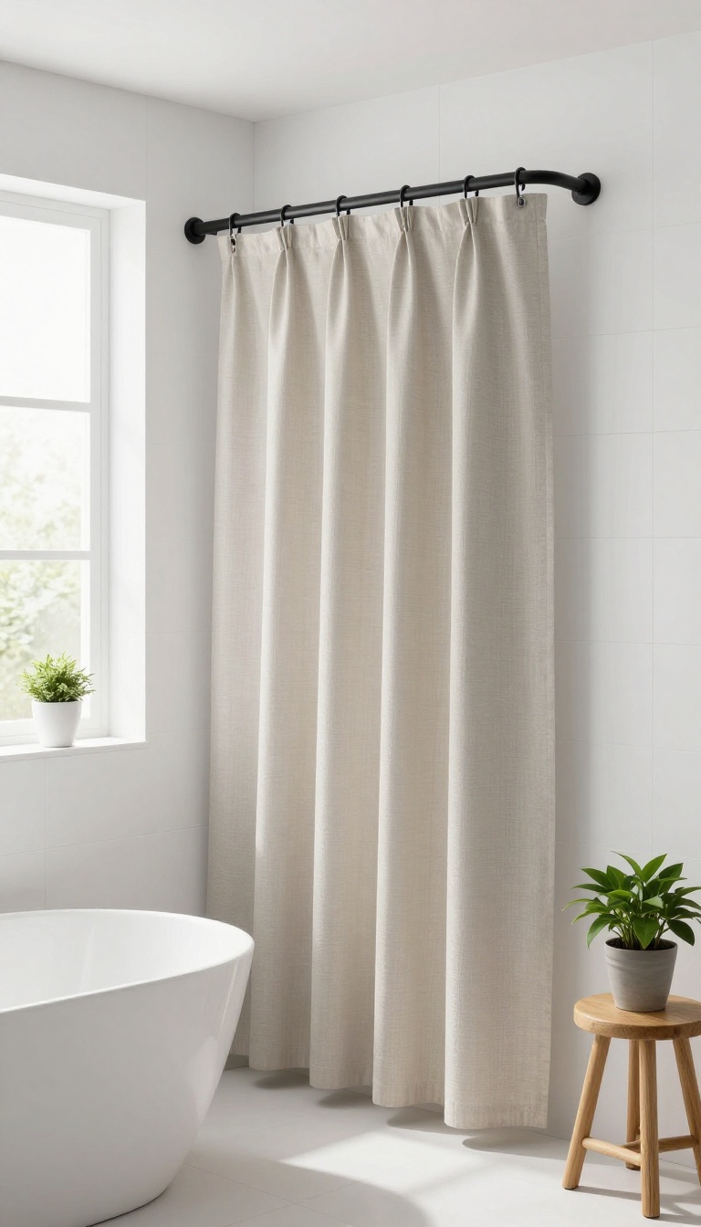 Custom-length shower curtain in a bright modern bathroom, hanging perfectly to the floor