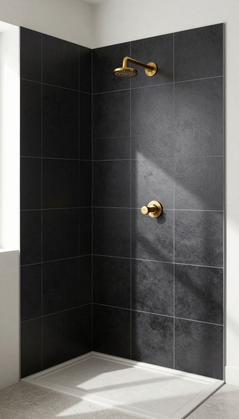 Modern bathroom shower with matte black tiles and brass fixtures