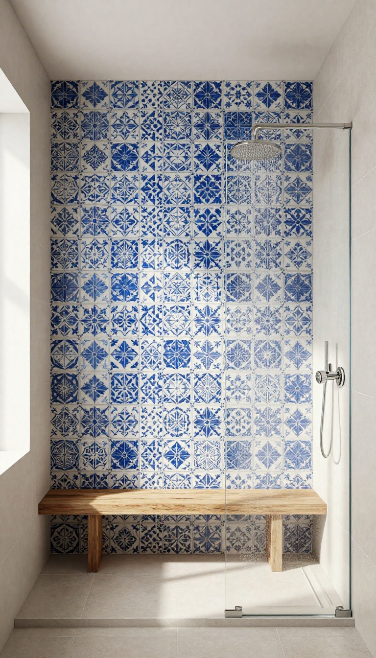 Modern shower with patterned accent wall and solid neutral tiles, creating a focal point in a bright bathroom