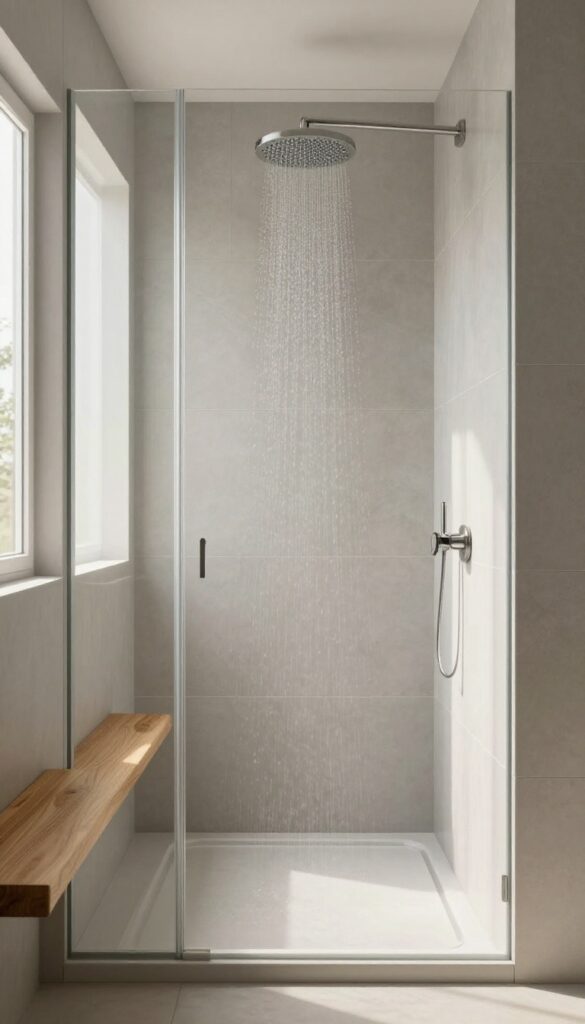 Vertical stacked grey tiles in a modern shower, creating a sense of height and airiness.