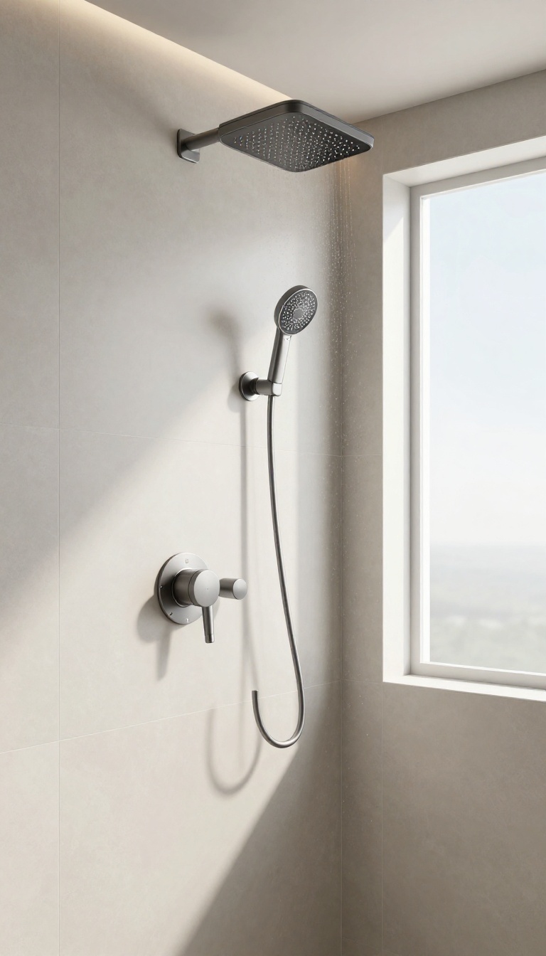 Modern master bathroom shower with a thermostatic valve system, rainfall showerhead, and sleek controls in a bright, spa-like setting.