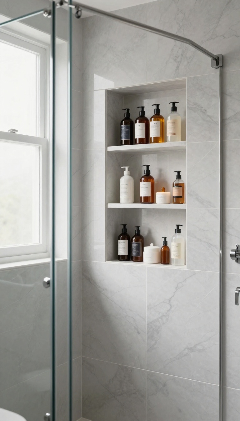 Modern bathroom shower with a built-in tile niche holding shampoo bottles, illuminated by natural light.