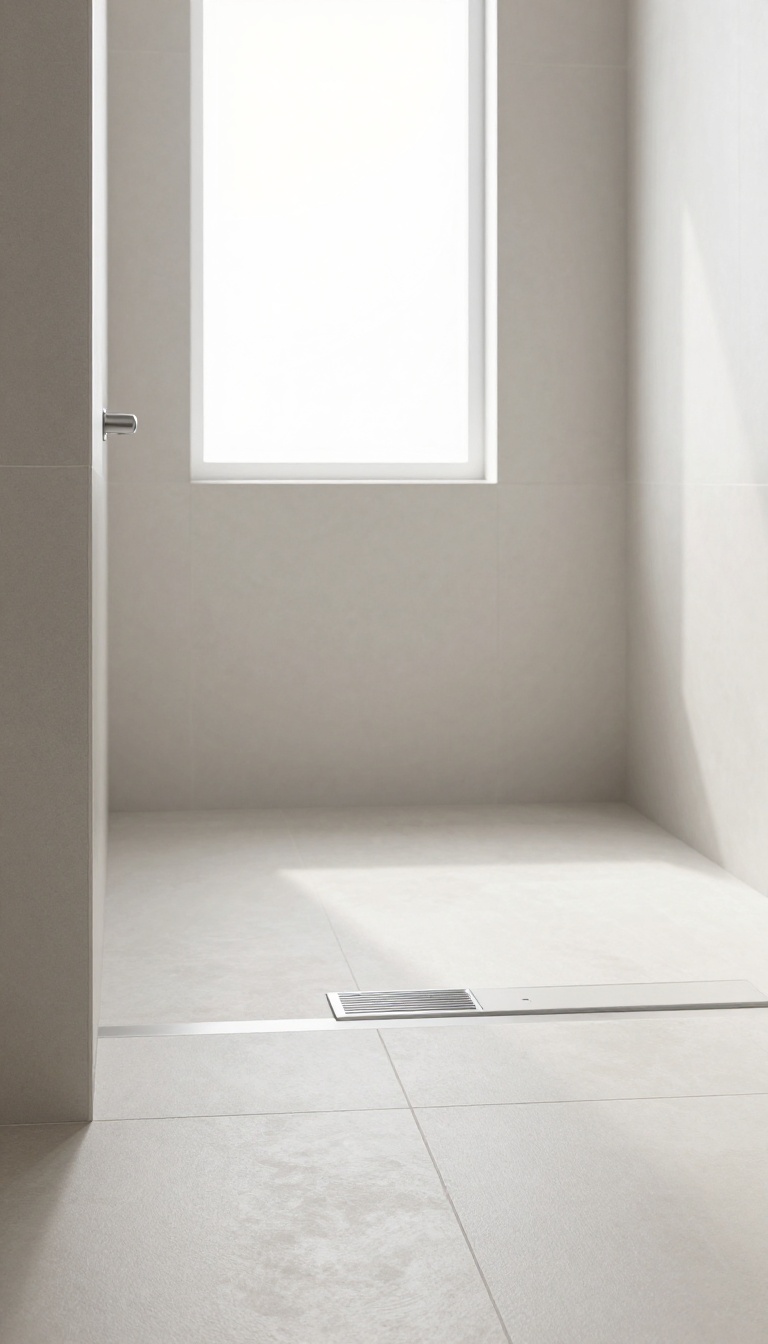 Modern bathroom with a high-tech smart drain on the shower floor, featuring a sleek metallic cover and sensor, in bright natural light.