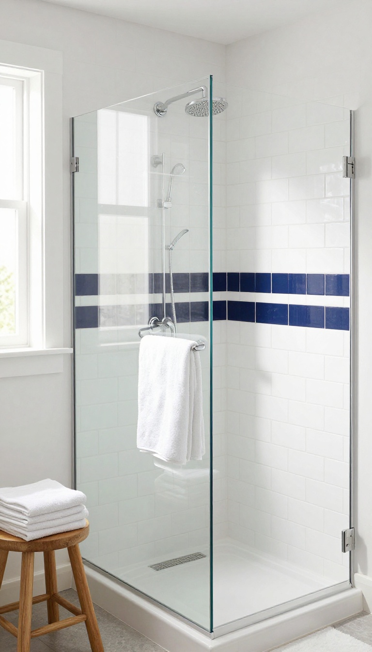 White subway tile shower with a navy and white nautical stripe border, natural wood stool, and bright natural light.