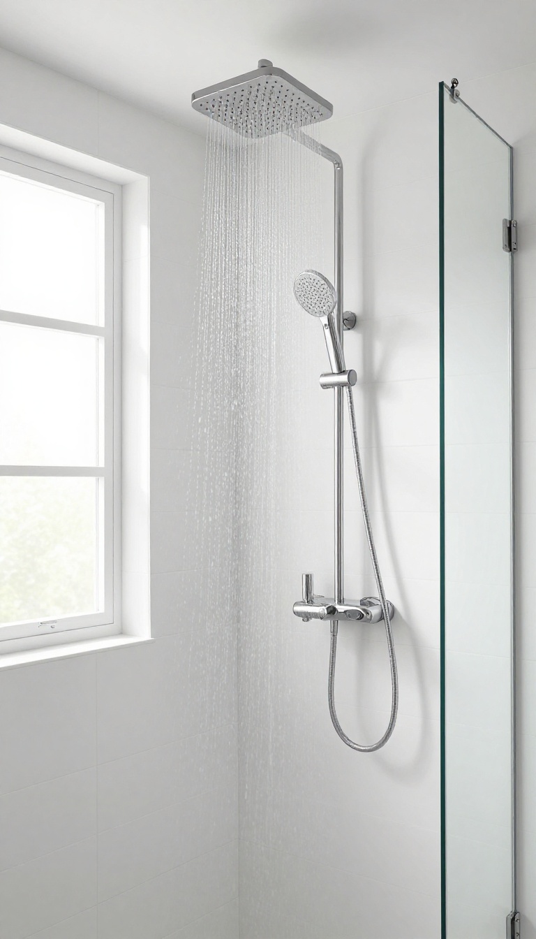 Compact stand-up shower with a rainfall showerhead and handheld sprayer combo in a bright, modern small bathroom.