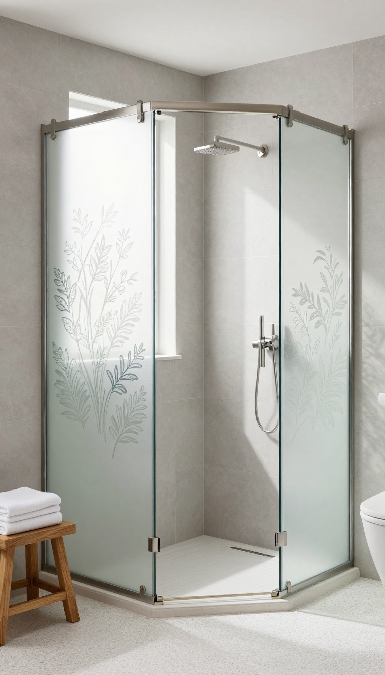 Custom etched glass shower with nature-inspired leaf pattern, offering privacy and natural light in a modern bathroom