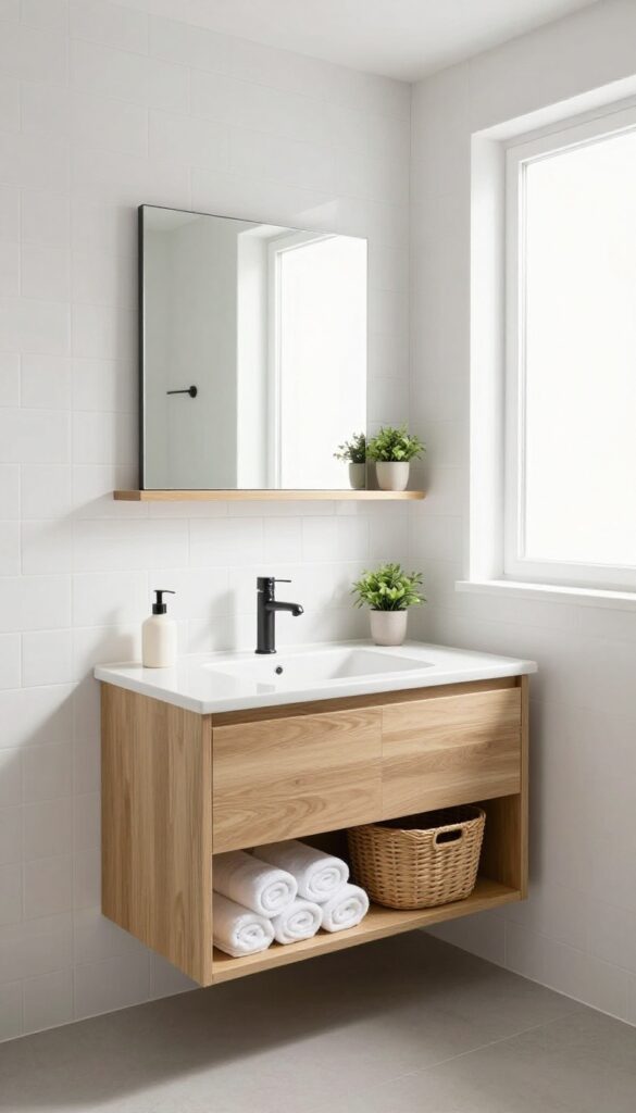 Small bathroom with a floating vanity and open shelving, styled with rolled towels, a basket, and a plant