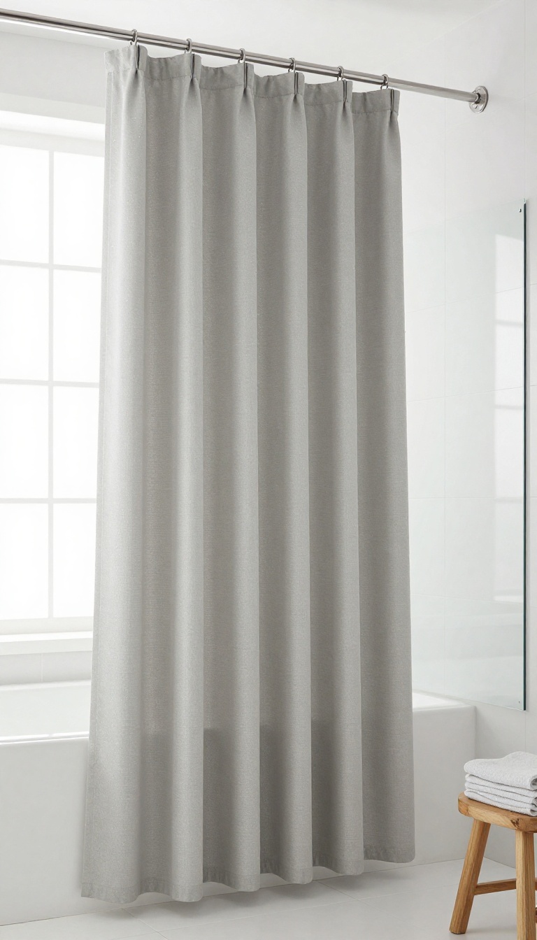 Modern bathroom with a tall water-repellent shower curtain, water beading on the fabric, bright natural light, clean and elegant decor.