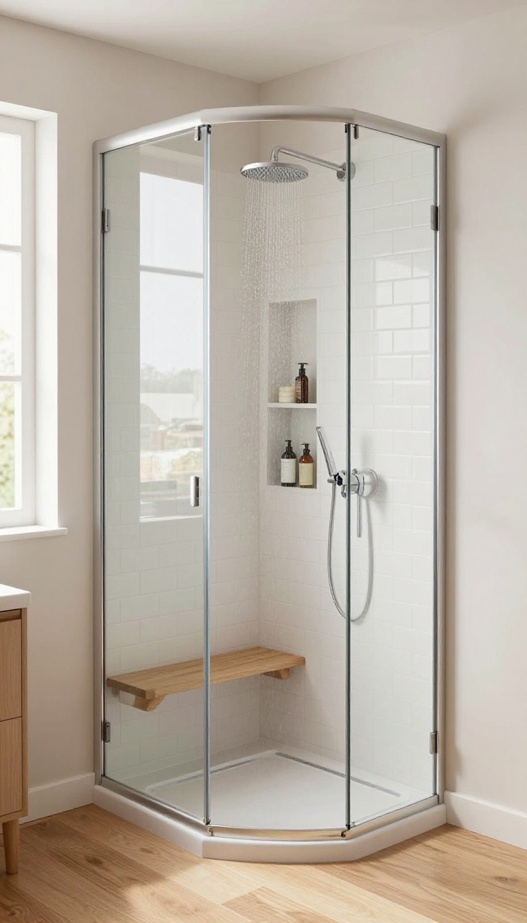 Narrow shower cabin with sliding glass door in a bright hallway, featuring a rainfall showerhead and built-in storage niche.