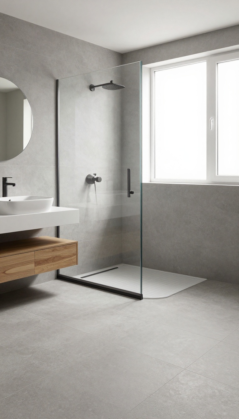 Curbless walk-in shower with seamless floor tile and frameless glass panel in a bright, modern bathroom