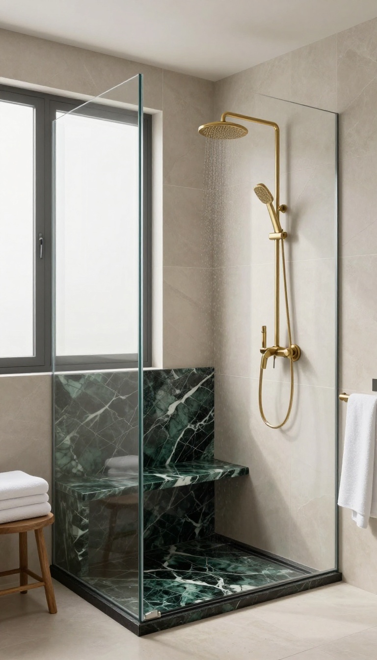 Modern shower with a polished onyx bench seat in the corner, surrounded by neutral tiles and brass fixtures