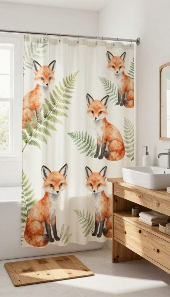 A bright bathroom with a fox-themed shower curtain and wooden bath mat, creating a warm and playful atmosphere.