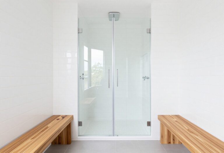 Modern walk-in shower with a floating teak wood bench