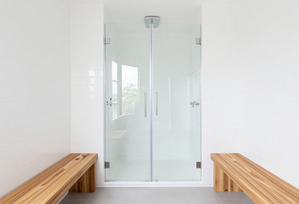 Modern walk-in shower with a floating teak wood bench