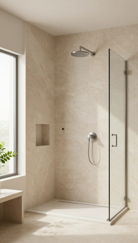 Walk-in shower with neutral stone-look porcelain tiles in warm beige, featuring a rainfall showerhead and natural light.