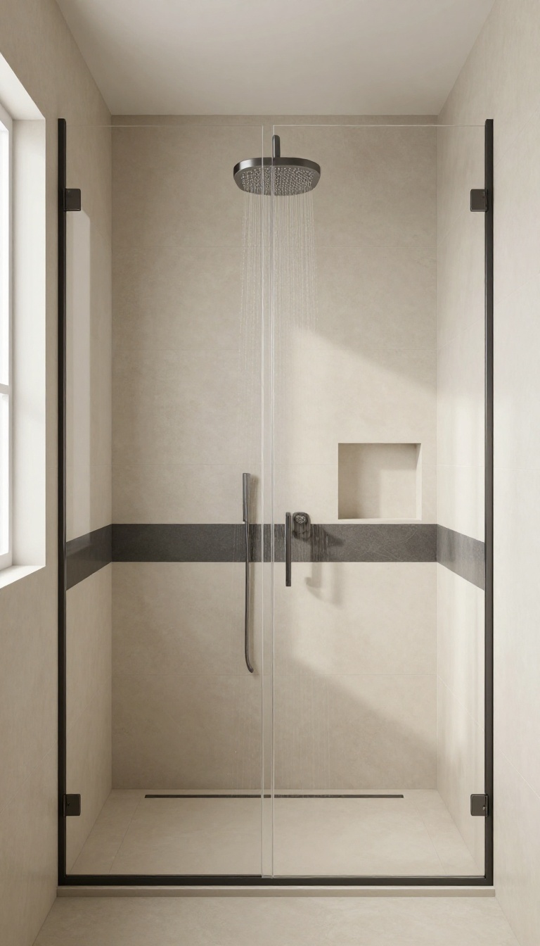 Modern shower with large neutral tiles and a subtle charcoal accent stripe