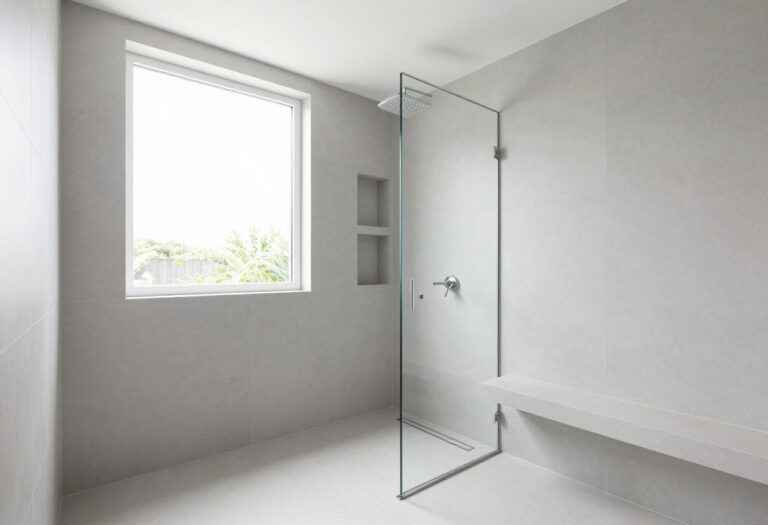 Modern zero entry shower with linear drain and glass panel in a bright bathroom