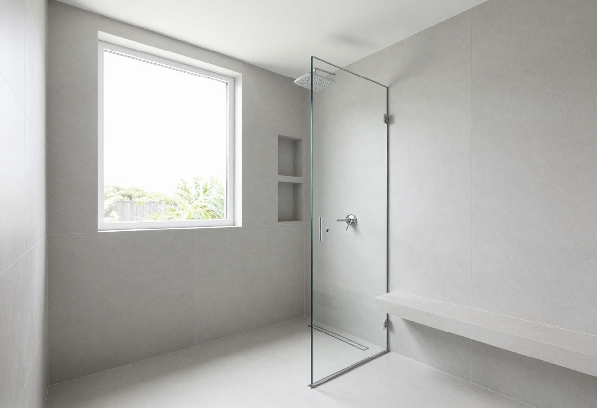 Modern zero entry shower with linear drain and glass panel in a bright bathroom