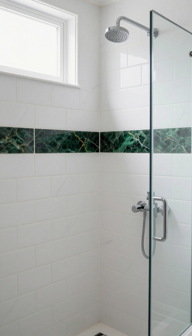 White marble shower with a dark green onyx accent band