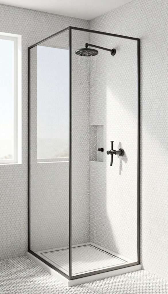 Neo-angle shower with white hexagon tiles and dark charcoal grout, illustrating contrasting grout color design idea.