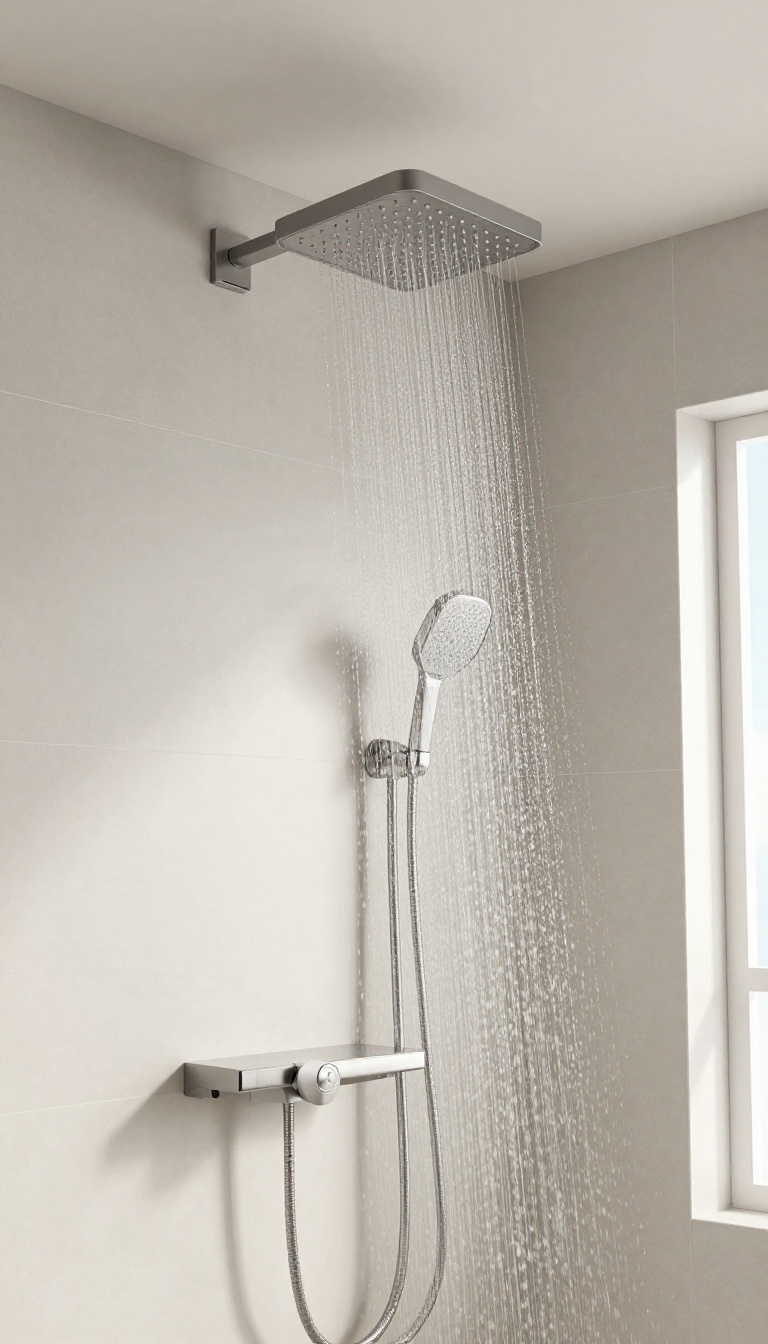 Modern shower room with rainfall showerhead and handheld combo