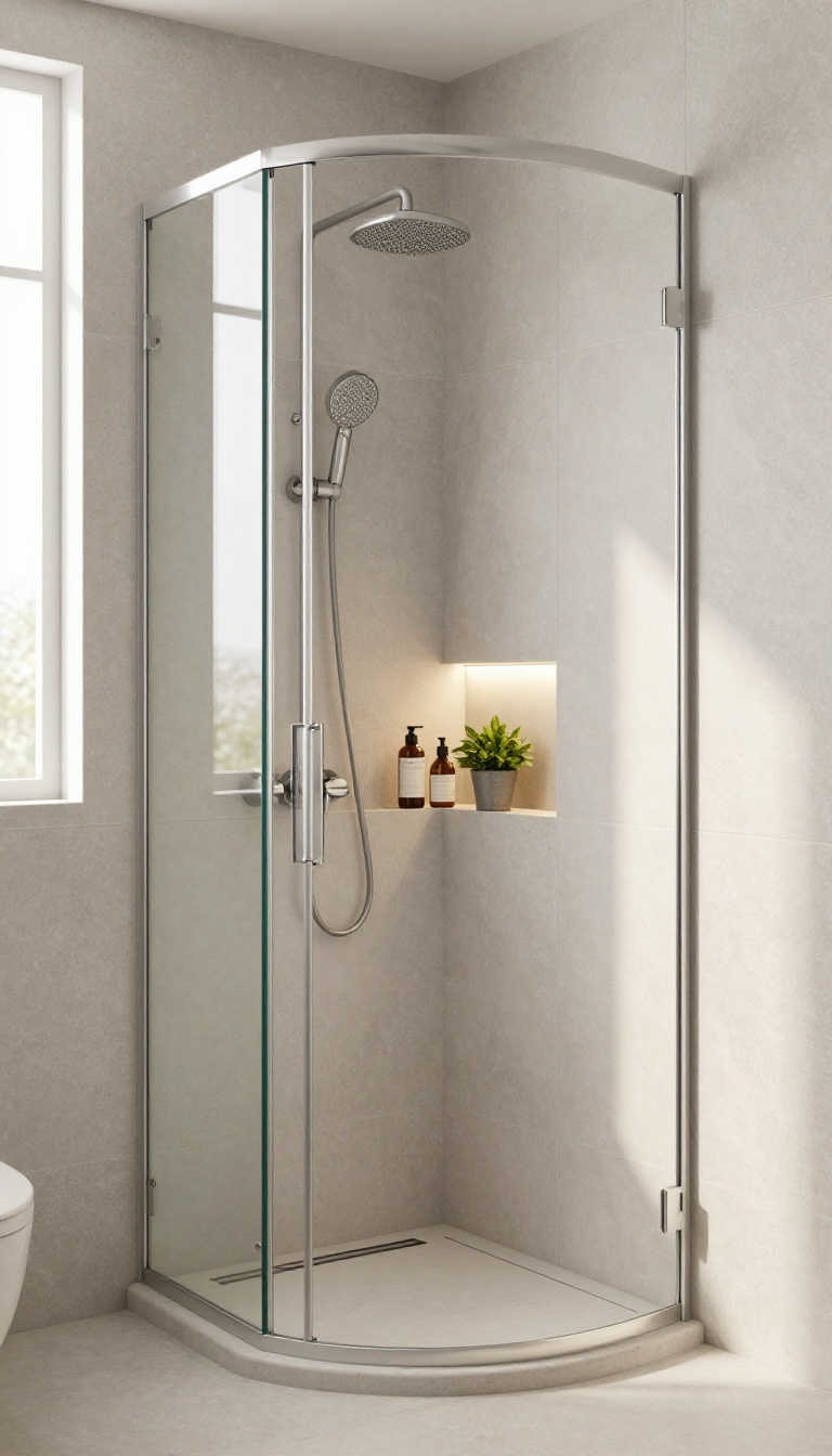Modern shower corner niche with curved glass and triangular shelf holding toiletries and a plant