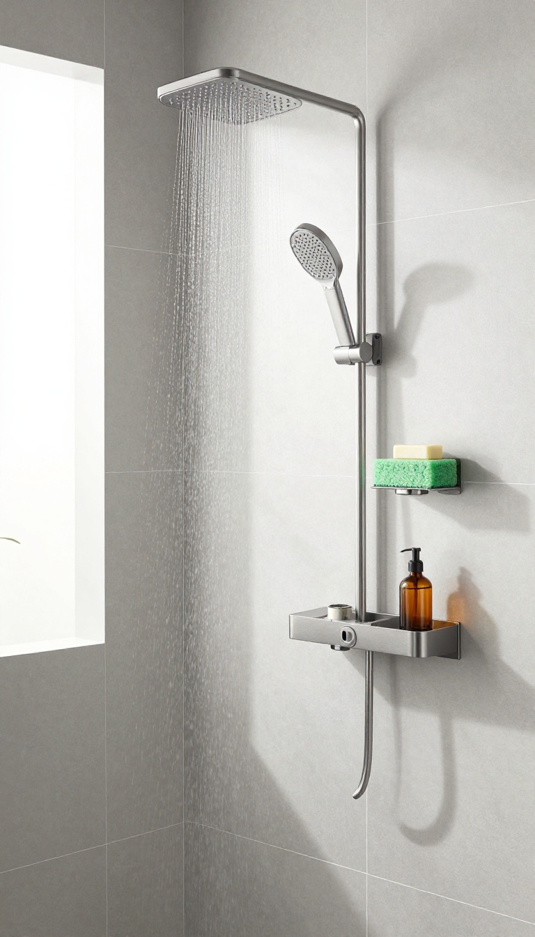 Modern shower with a multi-purpose organizer holding soap, sponge, and a bottle
