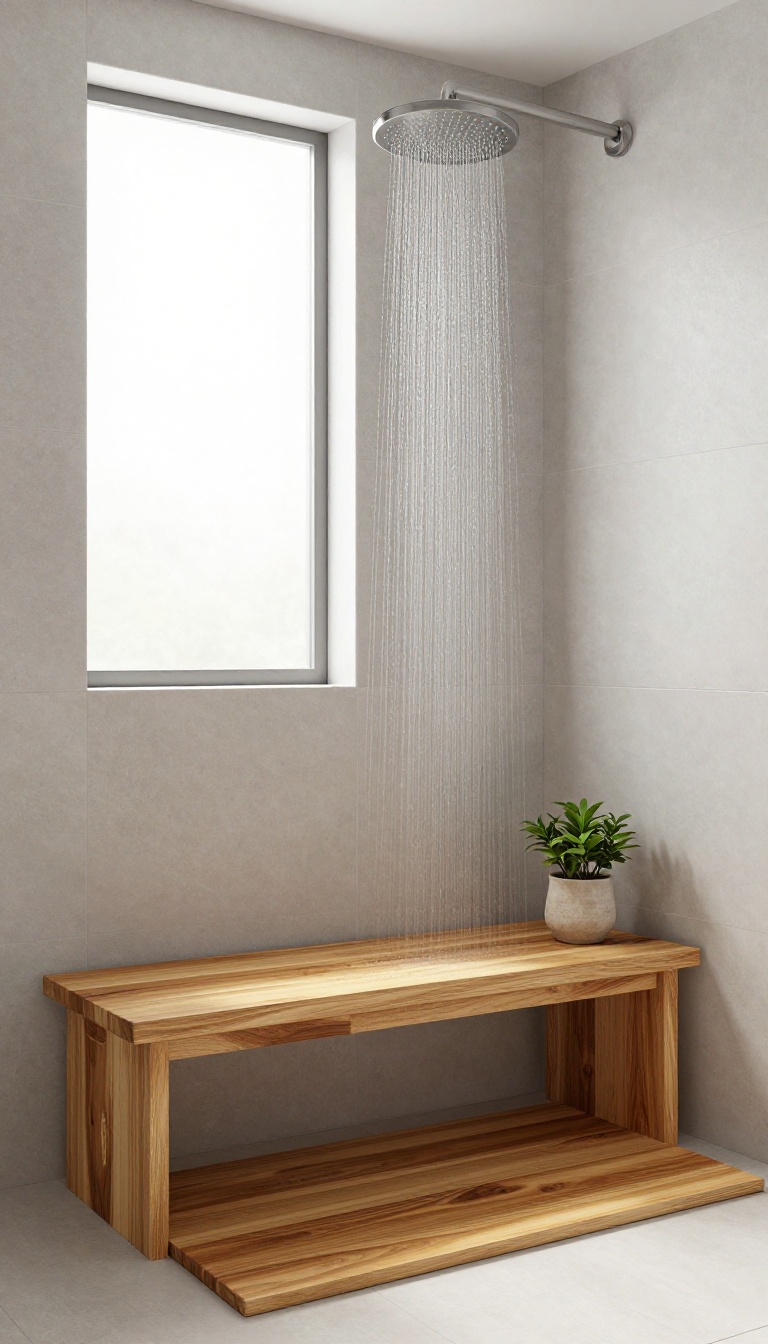 Modern bathroom shower with a teak bench, natural light, and spa-like ambiance