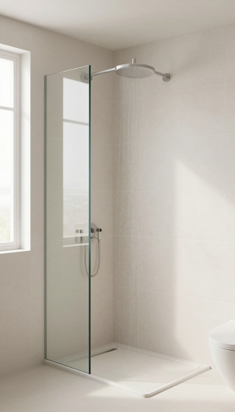 Modern bathroom with a curved half wall and rainfall showerhead, featuring a smooth tiled surface and glass panel, bathed in natural light.
