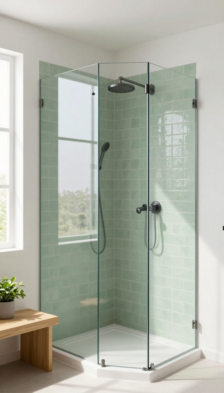 Green tile wainscoting with clear glass panels in a bright, airy shower