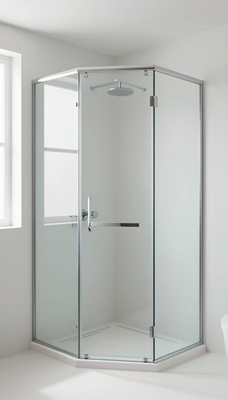 Custom glass shower panels fitting an awkward angled corner in a bright modern bathroom