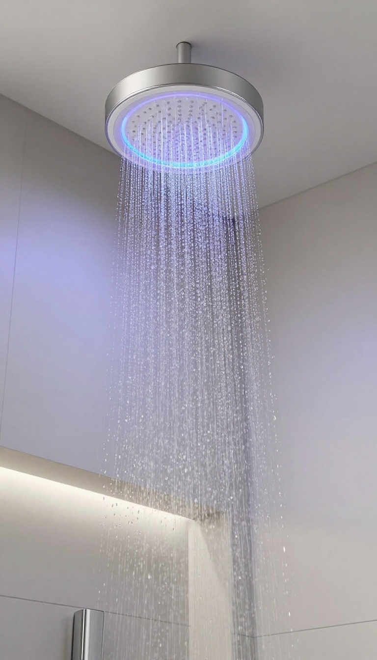 Modern LED shower head glowing blue and purple in a sleek bathroom shower