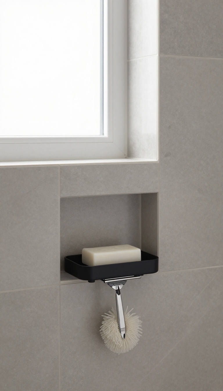 Modern bathroom shower niche with built-in soap dish and holder for razor and loofah, featuring marble tiles and matte black accents.