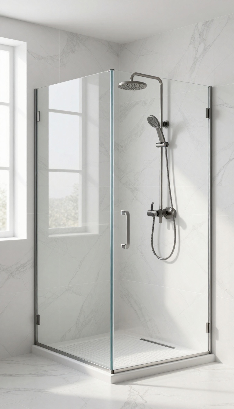 Oversized polished hexagon tiles in a bright modern shower with minimal grout lines, glass enclosure, and brushed nickel fixtures