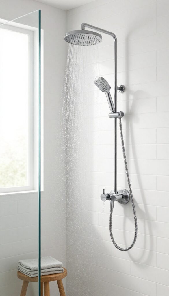 A modern bathroom shower with a rainfall head and a handheld spray connected to a chrome diverter, demonstrating a dual-function setup.