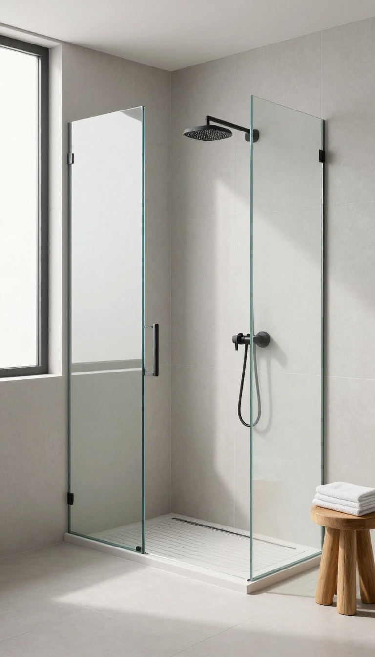 Frameless glass shower panel in a bright, minimalist bathroom with natural light and clean lines.