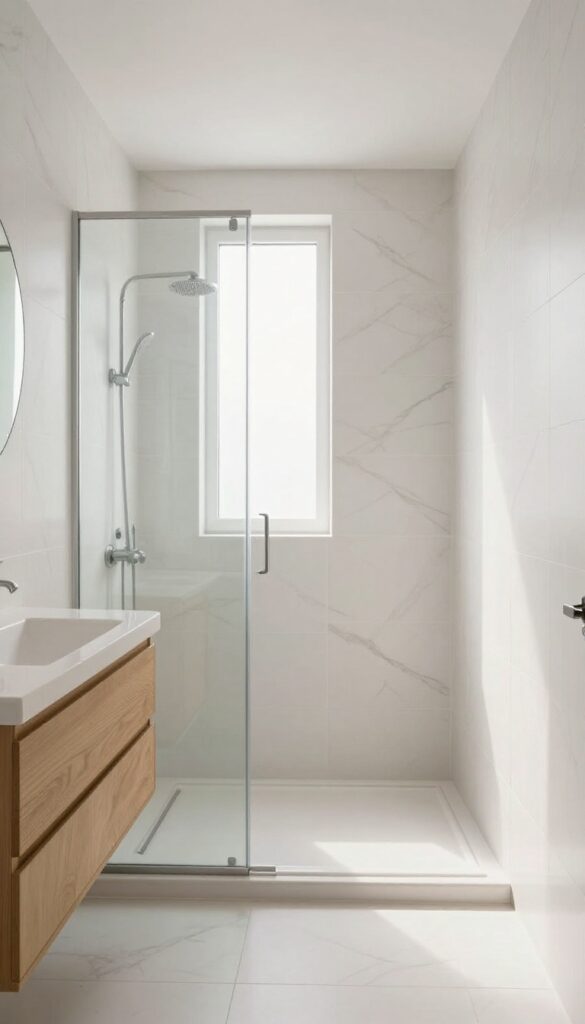 Small bathroom with large light-colored tiles and walk-in shower, creating an open and airy feel