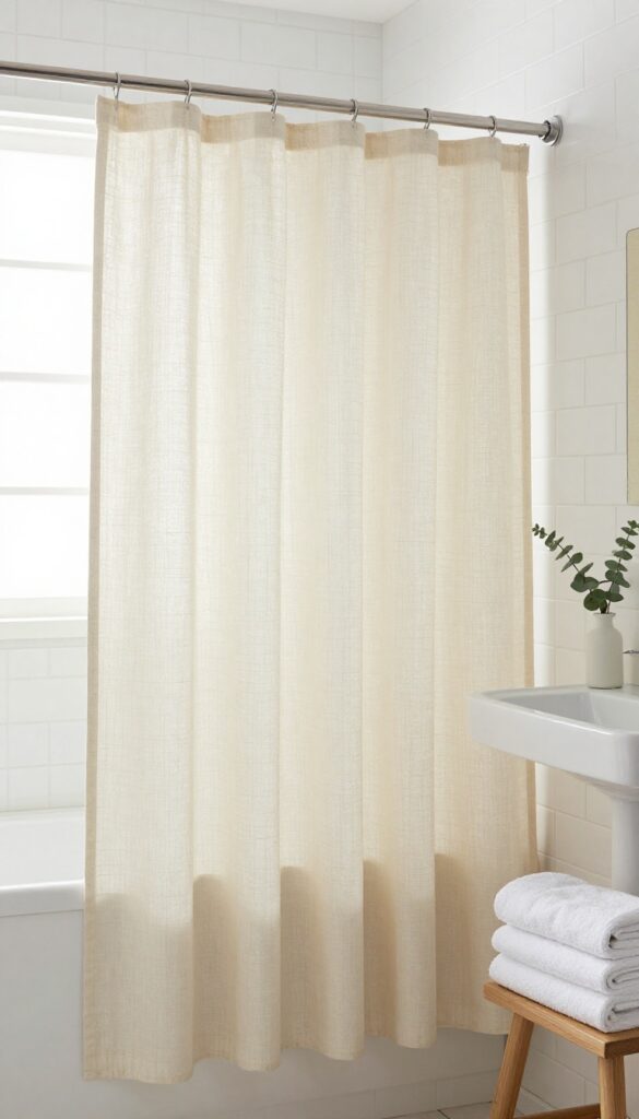 Small bathroom with a neutral textured linen shower curtain, white tiles, and spa-like decor