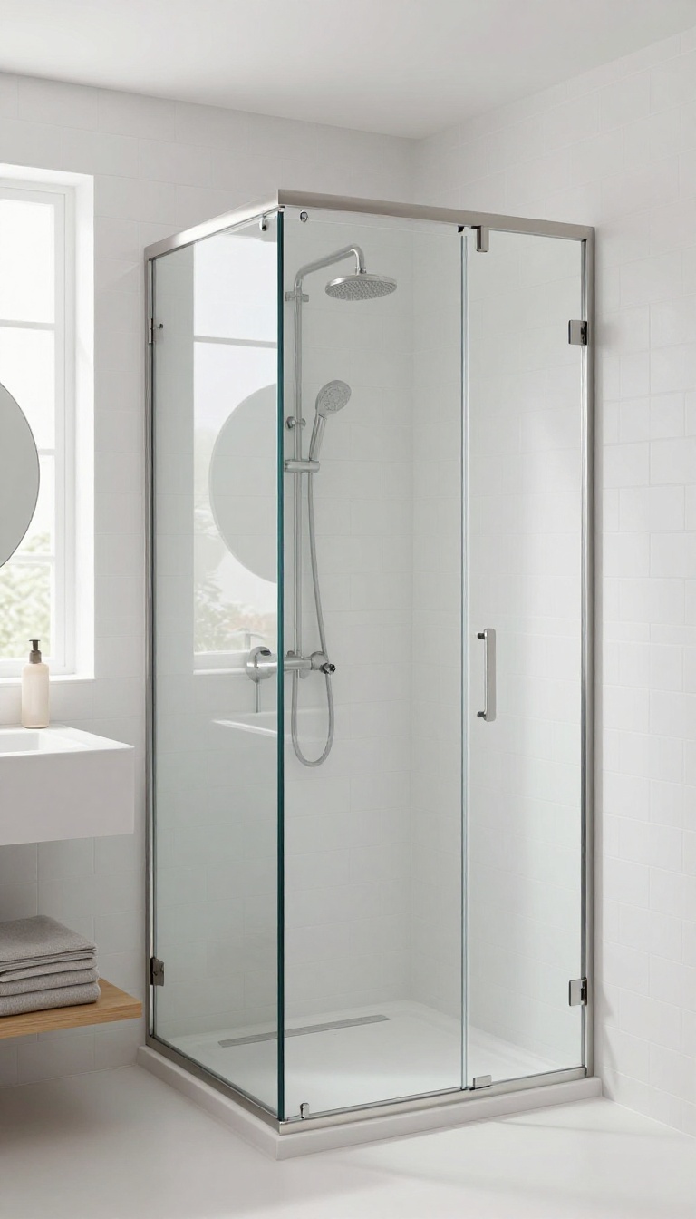 Neo-angle corner shower with clear glass in a small bright bathroom