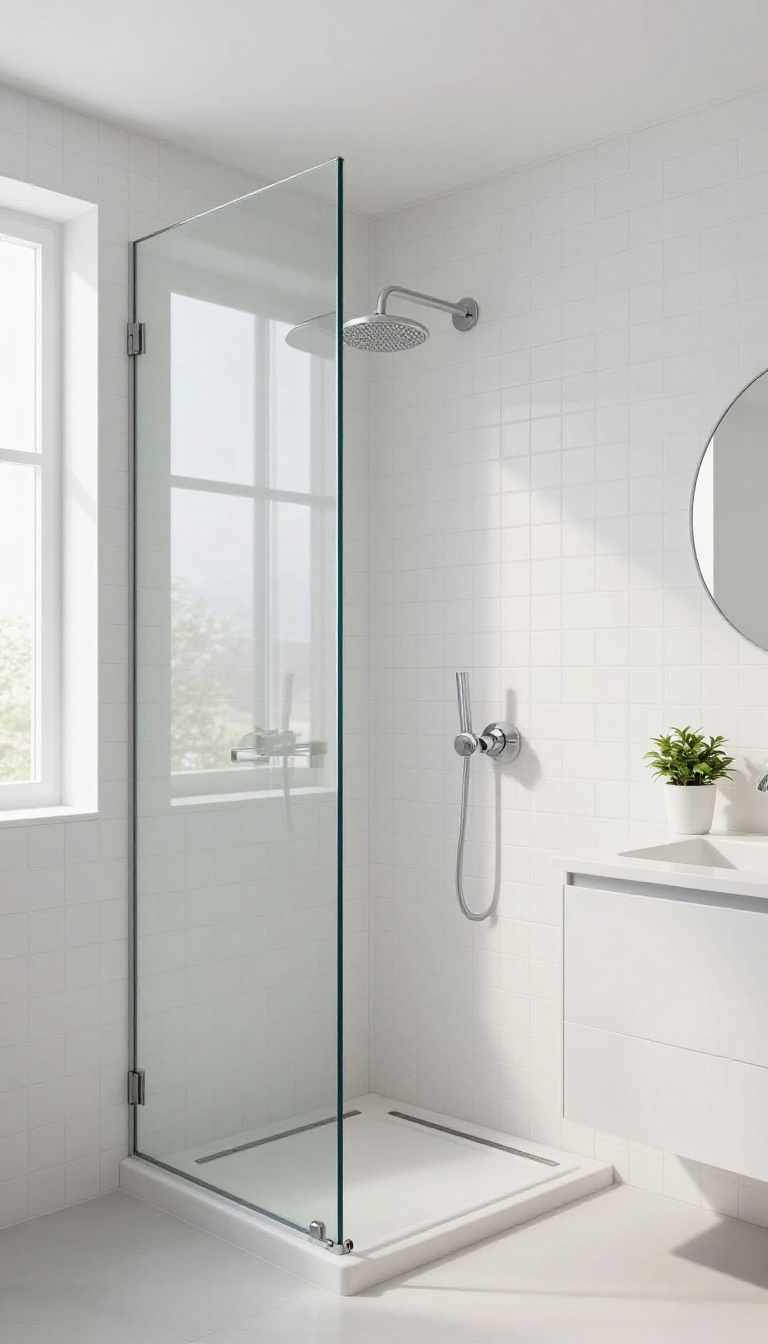 Small bathroom with walk-in shower and clear glass panel, bright natural light, modern minimalist design