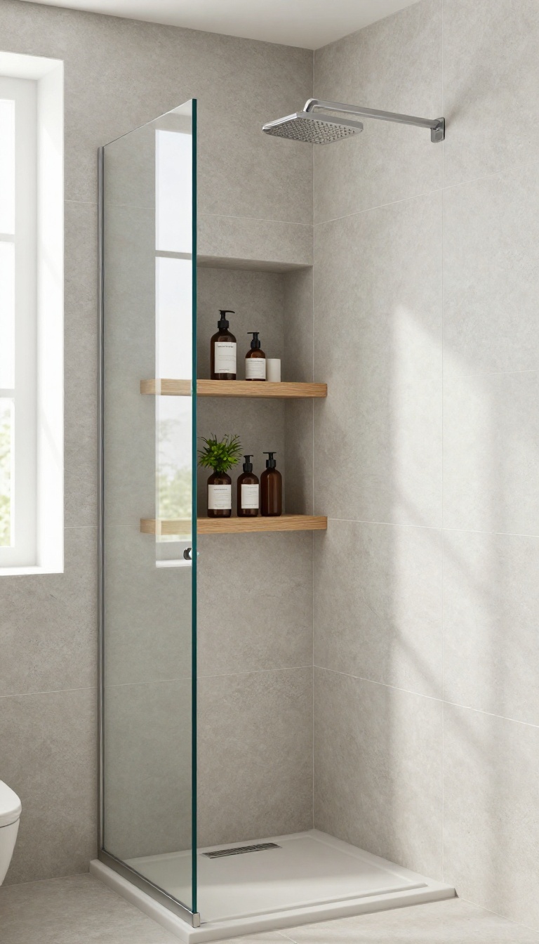 Tall narrow shower cabin with vertical recessed niche and floating teak shelves for storage