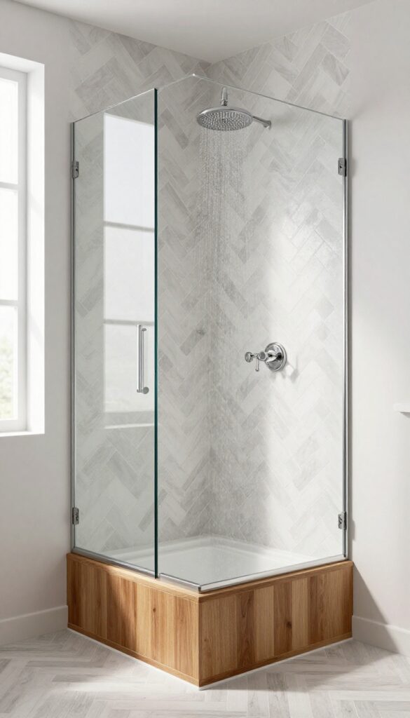 Modern shower with herringbone tile pattern and a corner wood seat, bright natural light