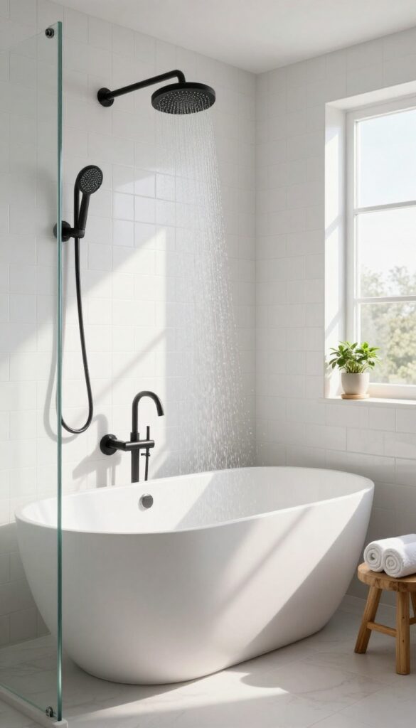 Modern bathroom with a freestanding tub, frameless glass enclosure, and matte black fixtures