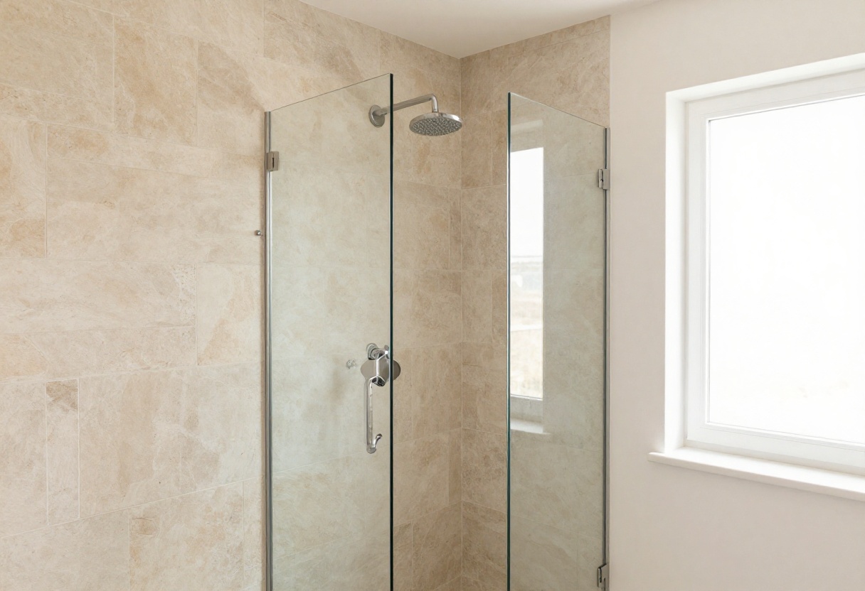 Rustic walk-in shower with wood accents and glass enclosure