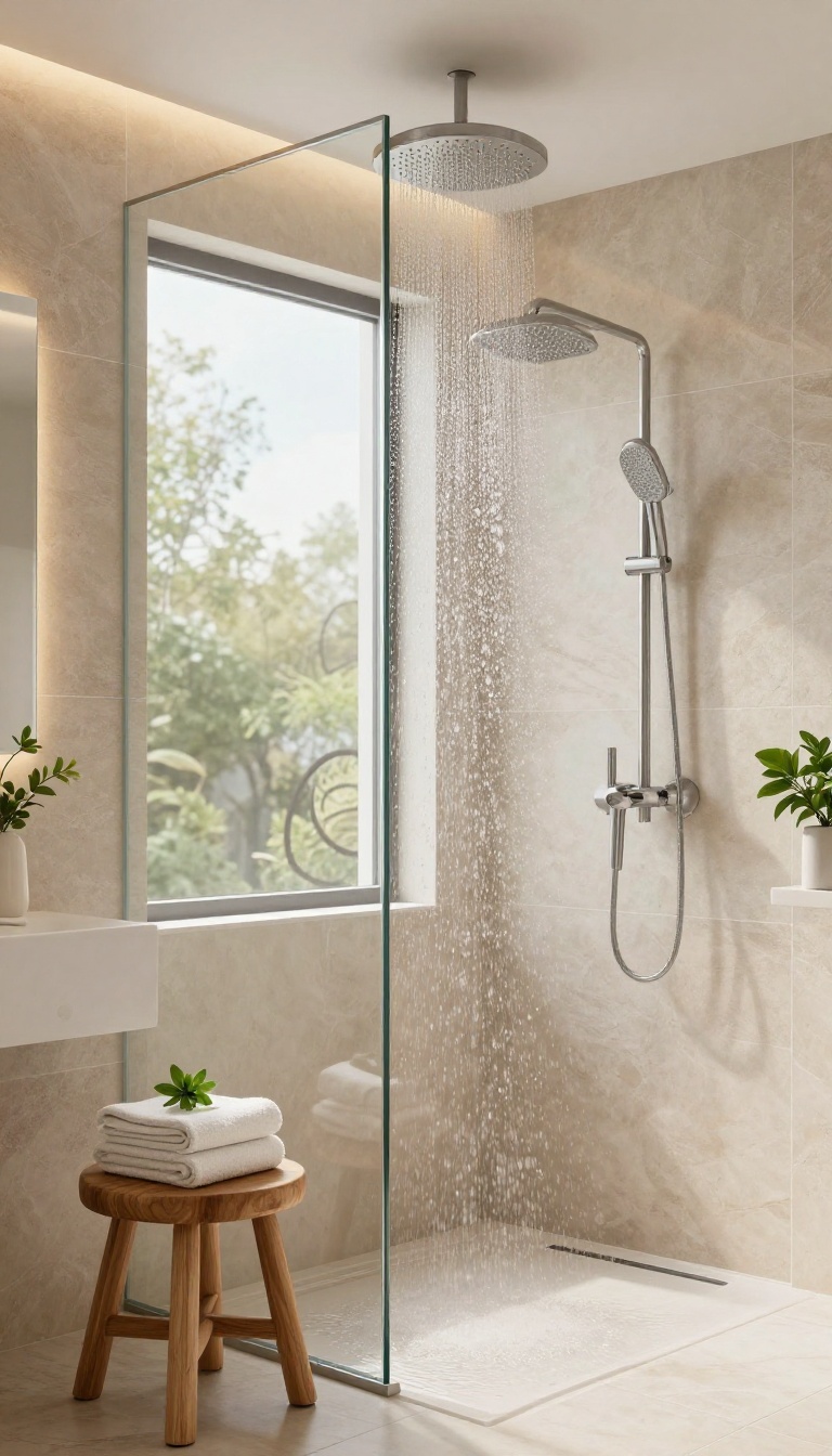 Modern bathroom with a rainfall showerhead and natural stone tiles, creating a spa-like ambiance.